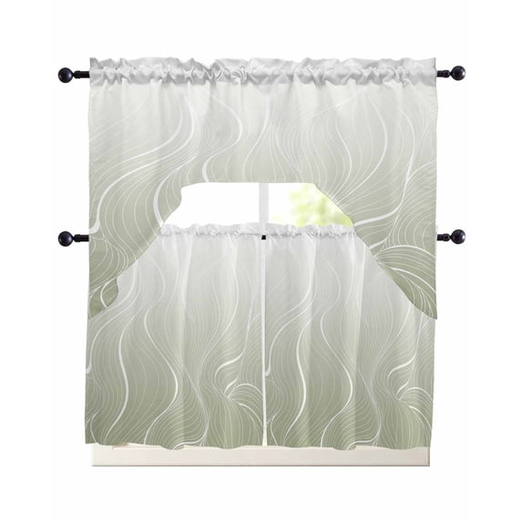 Sage Green Geometric Swag Curtains for Living Room/Bedroom Windows, Modern White Stripe Distortion Art Kitchen Curtains and Valances Set 36 Inch Length, Light Filtering Swags Valance Curtain Panels