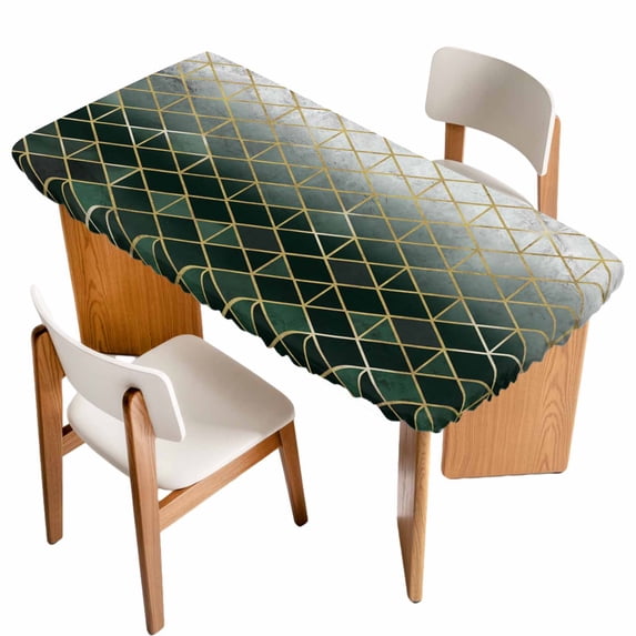 Sage Green Geometric Table Cloths for 4 Foot Rectangle Tables, Modern Abstract Gradient Marble Patio Waterproof Elastic Fitted Tablecloths, Washable Rectangular Table Cover for Camping