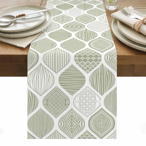 Sage Green Geometric Table Runner - 60 Inch Long, Kitchen Dining Table Runner Dresser Scarves, Moroccan Chic Abstract Plaid Art Farmhouse Decor for Coffee Tables Wedding Party Banquet