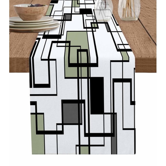Sage Green Geometric Table Runner 70 Inches, Simple Black Gray Abstract Striped Bed Runner Dresser Scarves Tabletop for Indoor Outdoor Parties/Ceremony/Banquet, 13" x 70"