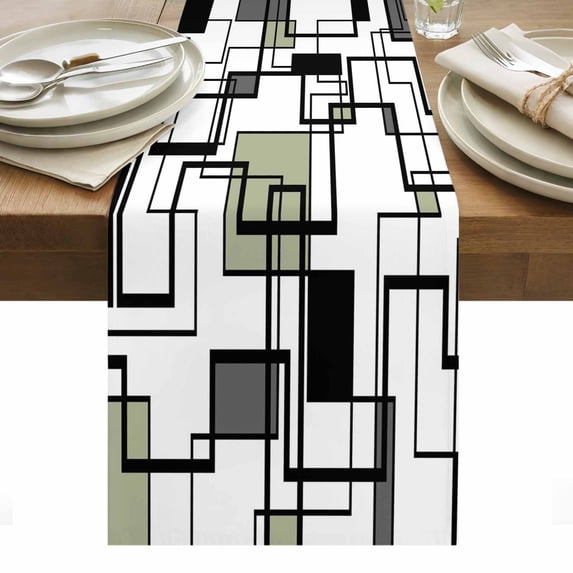 Sage Green Geometric Table Runner - 72 Inch Long, Kitchen Dining Table Runner Dresser Scarves, Simple Black Gray Abstract Striped Farmhouse Decor for Coffee Tables Wedding Party Banquet