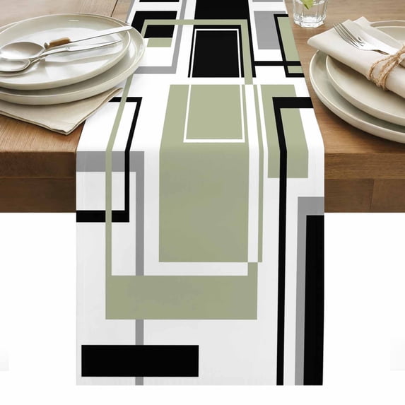 Sage Green Geometric Table Runner - 90 Inch Long, Kitchen Dining Table Runner Dresser Scarves, Black Gray Abstract Striped Art Farmhouse Decor for Coffee Tables Wedding Party Banquet