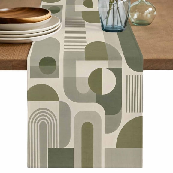 Sage Green Geometric Table Runner, Middle Century Abstract Boho Lines Washable Cotton Linen Table Runners 60 Inches Long, Dresser Scarf Runner for Coffee/TV Stands/Kitchen/Cabinets 13''x60''
