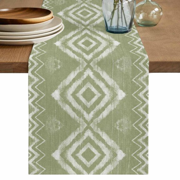Sage Green Geometric Table Runner, Watercolor Tie-dye Tribal Painting Art Washable Cotton Linen Table Runners 36 Inches Long, Dresser Scarf Runner for Nightstand/End Tables/Round Tables 13''x36''