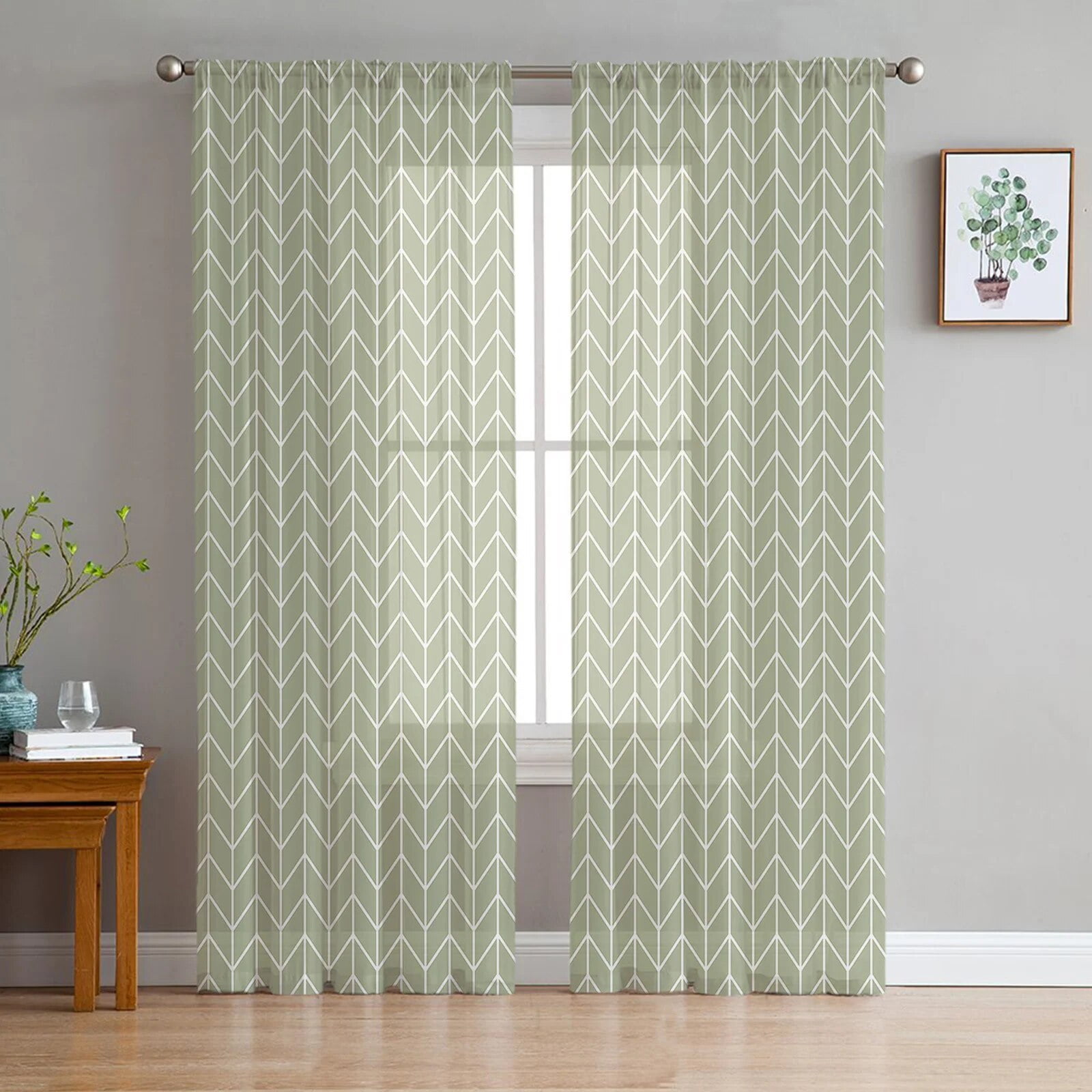 Sage Green Geometric Texture Sheer Curtains for Living Room Kitchen ...