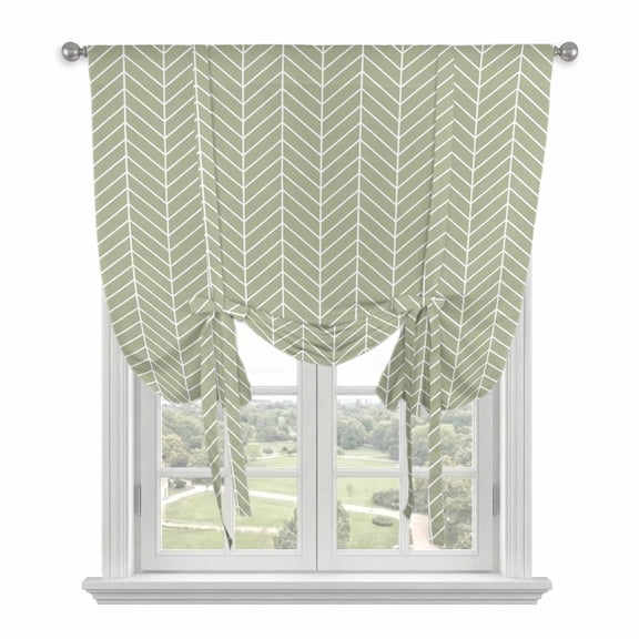 Sage Green Geometric Tie Up Curtains 45 Inches Long, Kitchen Window Curtains Over Sink, Minimalism Solid Color Striped Lines Small Window Curtains Shade Balloon Curtains Valances for Bedroom 34"x45"
