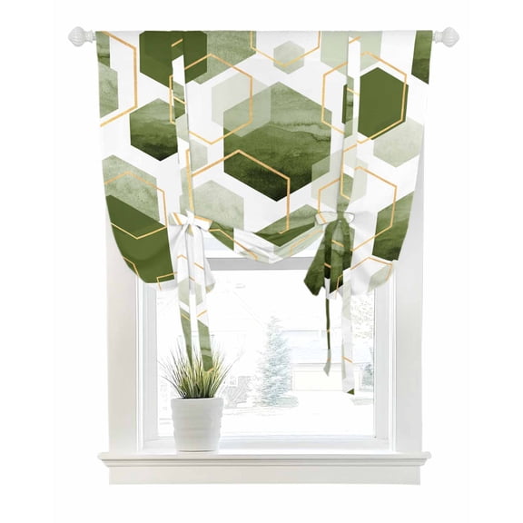 Sage Green Geometric Tie Up Curtains for Window, Thermal Insulated Balloon Shade Adjustable Rod Pocket Curtains Valance Panels for Kitchen Bathroom Cafe 42 x 45 Gold White Hexagon Modern