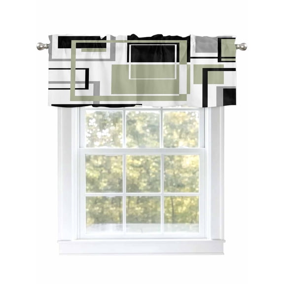 Sage Green Geometric Valances for Windows, Rod Pocket Kitchen Valance Curtains - Soft & Washable Small Window Treatment for Living Room, Bathroom, Black Abstract Lines 54x18inch, 1 Panel