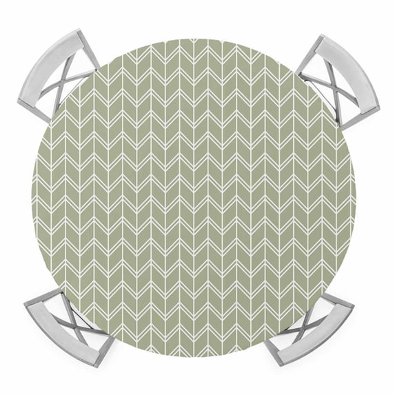 Sage Green Geometric Waves Elastic Fitted Round Table Cover Abstract Stripes Waterproof Outdoor Tablecloth for Holiday Party, Picnic, Patio & Dining Fits Tables Up to 55"-60"
