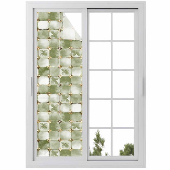 Sage Green Geometric Window Privacy Film, Modern Abstract Art Botanical Static Cling UV Sun Blocking Heat Control Window Tint Day and Night, Non-Adhesive One Way Windows Privacy Cover 17.7''x78.7''