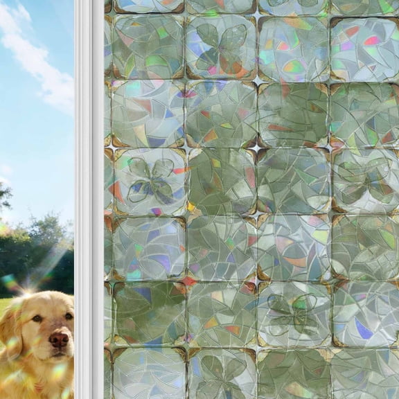 Sage Green Geometric Window Privacy Film Stain Glass,Reusable Decorative Rainbow Window Film,Modern Abstract Art Botanical Static Cling Sun Blocking Stickers Decals Covers 19.6" x 39.3" (2pcs)