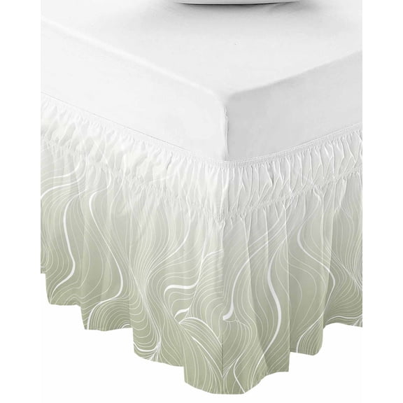 Sage Green Geometric Wrap Around Bed Skirts for Queen Bed 18" Drop,Bed Skirt with Adjustable Elastic Belt Dust Ruffle Bed Valance for Bedroom Hotel Modern White Stripe Distortion Art Bed Frame Cover