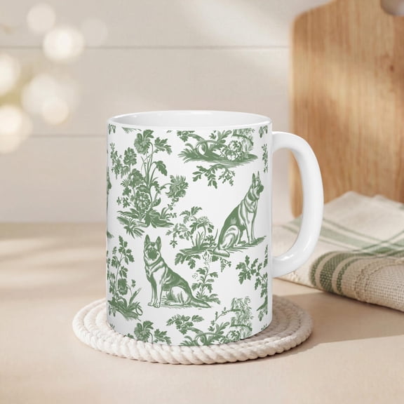 Sage Green German Shepherd Toile Mug: French Toile de Jouy Coffee Cup Gift for German Shepherd Mom, Chinoiserie Dog Lover Tea Drinkware