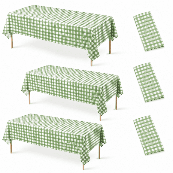 3 Pcs Sage Green Gingham Disposable Plastic Tablecloth - Green Checkered Buffalo Plaid Table Cover, 54x108 Inch, Rustic Party Decor for Baby Shower, Bridal Shower, Birthday Party Supplies