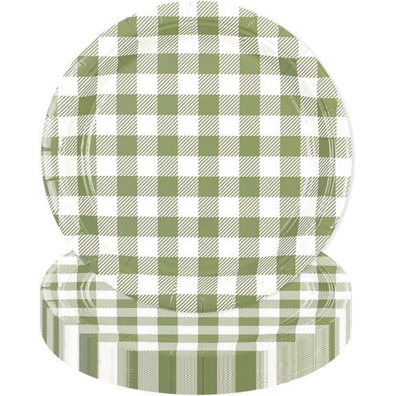Sage Green Gingham Paper Plates, Green and White Checkered Plates for Cake Dinner Dessert Party Supplies