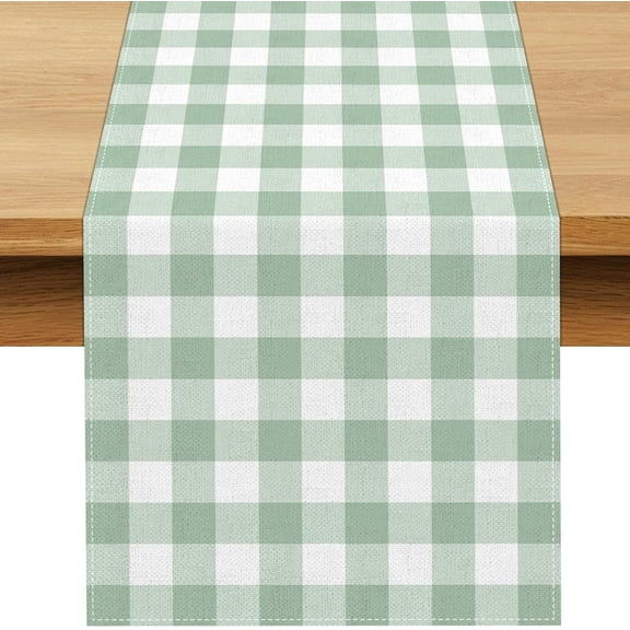 Sage Green Gingham Party Table Runner Green and White Checkered Plaid Decorations for Birthday Bridal Baby Shower Home Dining Kitchen Island Decor (13" x 120")
