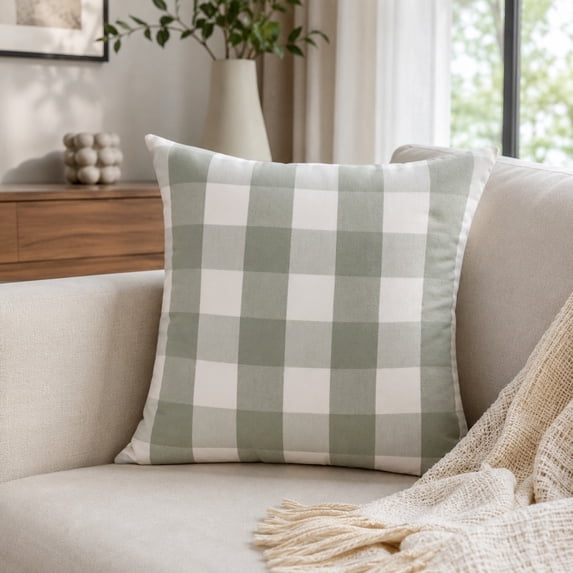 Sage Green Gingham Plaid Outdoor Porch Throw Pillow 18x18,Spring Outdoor Pillow, Outdoor Pillows for Patio Furniture,Sage Green Farmhouse Decorative Couch Pillow