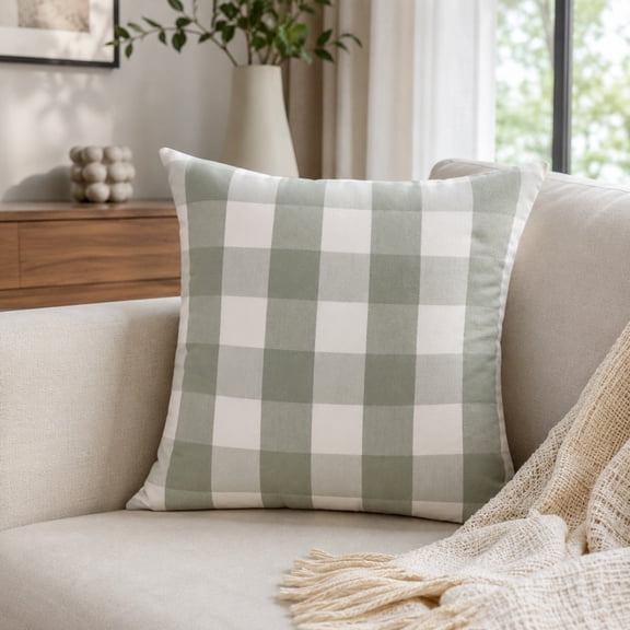 Sage Green Gingham Plaid Outdoor Porch Throw Pillow 18x18,Spring Outdoor Pillow, Outdoor Pillows for Patio Furniture,Sage Green Farmhouse Decorative Couch Pillow