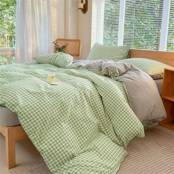 Sage Green Gingham Queen Duvet Cover Set, Green Plaid Comforter Cover Set, 3 Pieces Checked Bedding Set (Green Gingham, Queen)