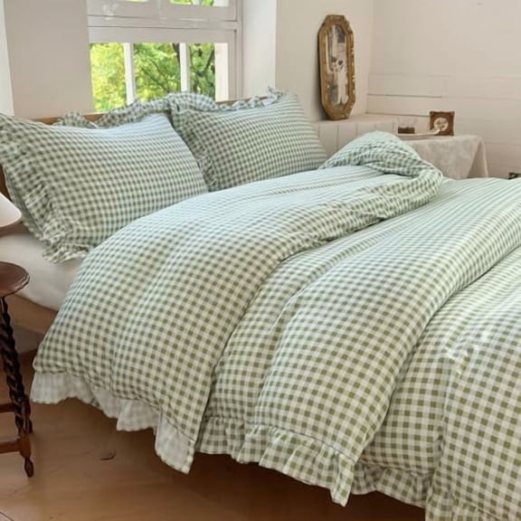 Sage Green Gingham Ruffle Duvet Cover King Size, 3 Pieces Soft Pre-Washed Microfiber Checked Plaid Comforter Cover Set, Vintage Farmhouse Bedding Set(Green Gingham, King 104"x90")