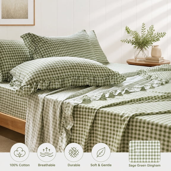 Sage Green Gingham Ruffle King Sheet Set, Soft Pre-Washed Microfiber Plaid Sheets, 4-Piece Deep Pocket Farmhouse Bedding