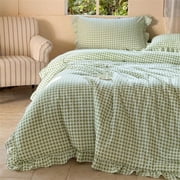 Sage Green Gingham Ruffle Queen Comforter Set, Green Ruffled Plaid Bedding Set, Ruffled Checked Bed Comforter 3 Pieces(Sage Green Gingham, Queen)