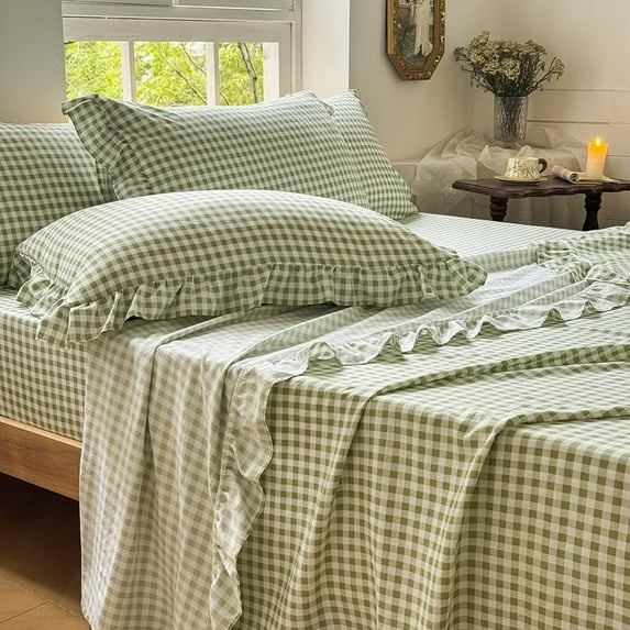 Sage Green Gingham Ruffle Queen Sheet Set, Green Soft Pre-Washed Microfiber Plaid Ruffled Queen Bed Sheets, 4-Pieces Farmhouse Sheet Set with Deep Pocket