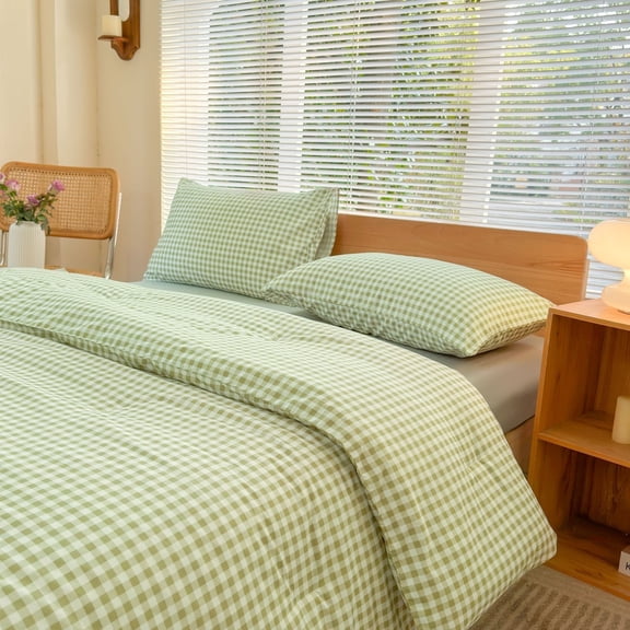 Sage Green Gingham Twin Comforter Set, Green Plaid Bedding Set, Checked Bed Comforter 2 Pieces(Sage Green Gingham, Twin)
