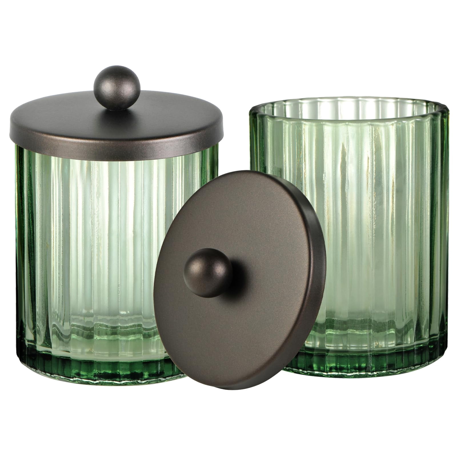Sage Green Glass Apothecary Jar, Qtip Holder Dispenser for Cotton Swabs, Balls, Makeup Pads, Floss Picks, Bathroom Essential Accessories, Countertop Canister Storage Organizer (Black, 2 Pack)