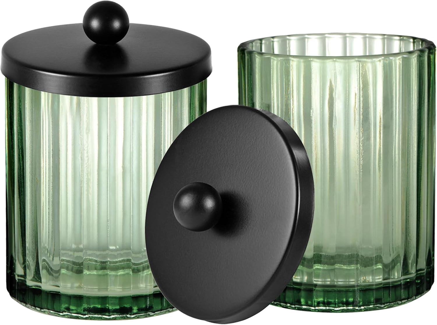 Sage Green Glass Apothecary Jar, Qtip Holder Dispenser for Cotton Swabs, Balls, Makeup Pads, Floss Picks, Bathroom Essential Accessories, Countertop Canister Storage Organizer (Black, 2