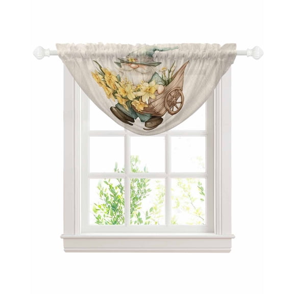 Sage Green Gnomes Sheer Waterfall Valance Curtains for Window, Yellow Spring Floral Rustic Rod Pocket Sheer Topper Swag Curtains for Living Room, Kitchen 38.5"W x 47.2"L, 1 Panel
