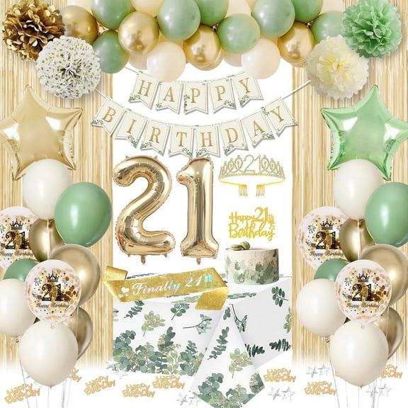 Sage Green & Gold 21st Birthday Decor with Happy Birthday Banner, Balloons, Crown, Sash, Tablecloth & Fringe Curtains for 21st Party