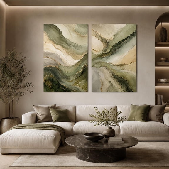 Sage Green Gold Abstract Wall Art Set, Oversized Modern Diptych For Living Room Gallery Decor