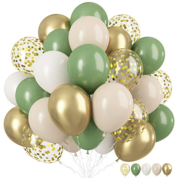 Sage Green Gold Balloons, 12 Inch Green White Metallic Gold Balloons, Green Sand White Balloons Gold Confetti Latex Balloons for Birthday Wedding Baby Shower Party Decoration