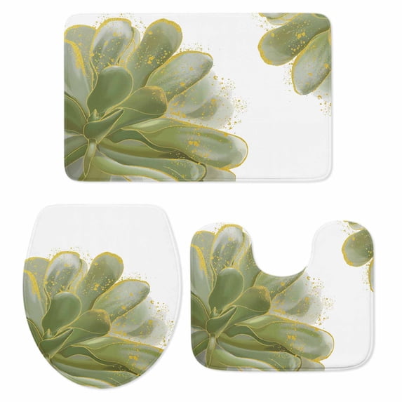 Sage Green Gold Bath Mat 3 Piece Bathroom Rug Set, Aesthetics Flower Boho Watercolor Art Non Slip Bath Rug Contour Mat and Toilet Lid Cover, Absorbent Shower Mats Soft Bath Rugs and Mats Sets