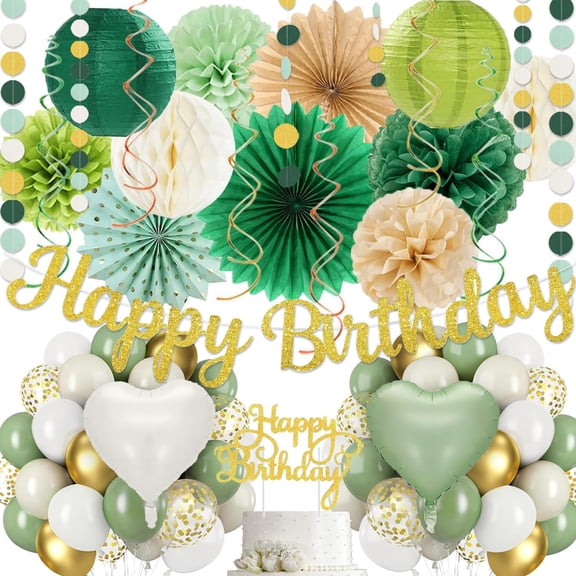 Sage-Green Gold Birthday Decoration,Happy Banner,Olive Retro Paper Lanterns Neutral Tissue Pom Poms Fan,Boho Green Balloons For Anniversary Princess Backdrop Party Supplies for Women Girls Mens