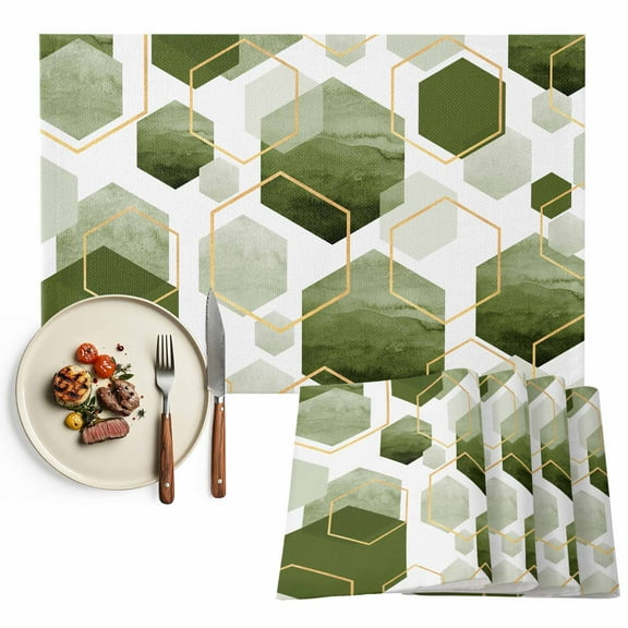 Sage Green Gold Geometric Placemat of 1 PC, Modern Abstract Hexagon Pattern Table Mats Washable Heat-Resistant Non-Slip Place Mats for Kitchen Dinner Table Indoor Outdoor Decor,13x19 Inch