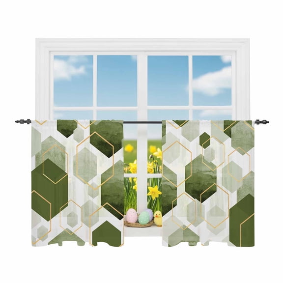 Sage Green Gold Geometric Sheer Curtains 54 Inch Length Rod Pocket Semi Transparent Light Filtering Window Drapes for Kitchen Bedroom Living Room,2 Panels, Modern Abstract Hexagon Pattern