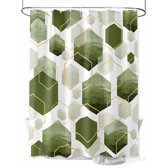 Sage Green Gold Geometric Shower Curtain, Modern Abstract Hexagon Pattern Bathroom Decor Curtains Set with Hooks, Waterproof Fabric Home Accessories, Stall 36 X 72 Inch