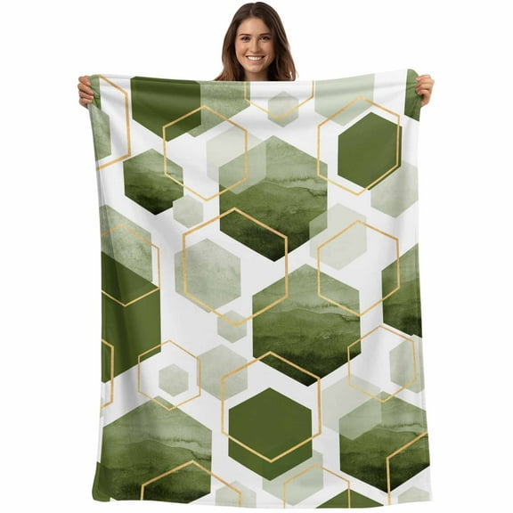 Sage Green Gold Geometric Throw Blankets, Modern Abstract Hexagon Pattern Soft Fleece Blanket Decorative for Home Sofa Couch Chair Living Bedroom, 50x60 inches,