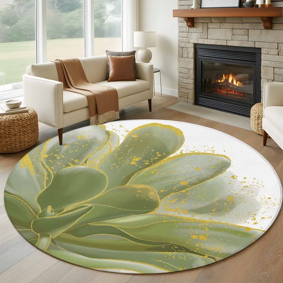 Sage Green Gold Large Round Rug 8 FT, Non Slip Living Room Area Carpet, Aesthetics Flower Boho Watercolor Art Washable Soft Circle Rug Non-Shedding Floor Carpet for Bedroom Office Dining Room