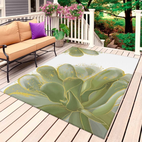 Sage Green Gold Outdoor Rug 5x7 Ft, Non Slip Washable Area Rug, Aesthetics Flower Boho Watercolor Art Patio Rugs Carpet Runner, Large Floor Mat for Indoor/Outdoor Deck Porch Camping
