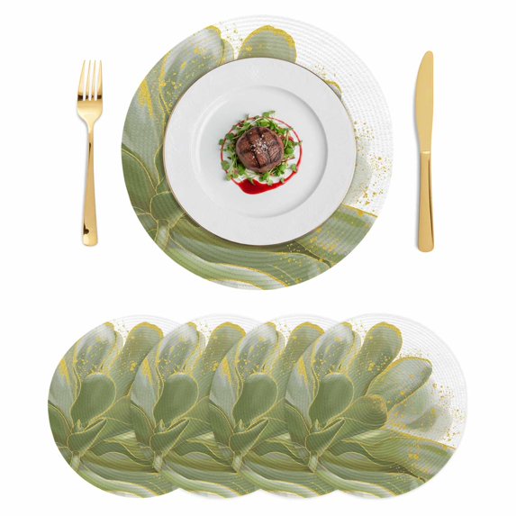 Sage Green Gold Round 15 Inch Placemats Set of 4, Aesthetics Flower Boho Watercolor Art HeatResistant Non Slip Place Mats for Dining Table, Wipeable Braided Kitchen Table Mats for Housewarming