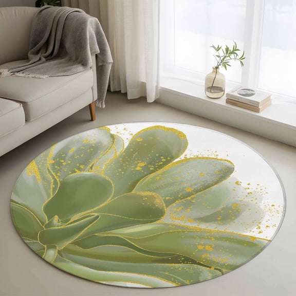 Sage Green Gold Round Area Rug 3.3 FT, Non Slip Small Entryway Kitchen Mat, Aesthetics Flower Boho Watercolor Art Washable Soft Circular Rug Non-Shedding Door Mat for Bathroom Playroom Kids Room