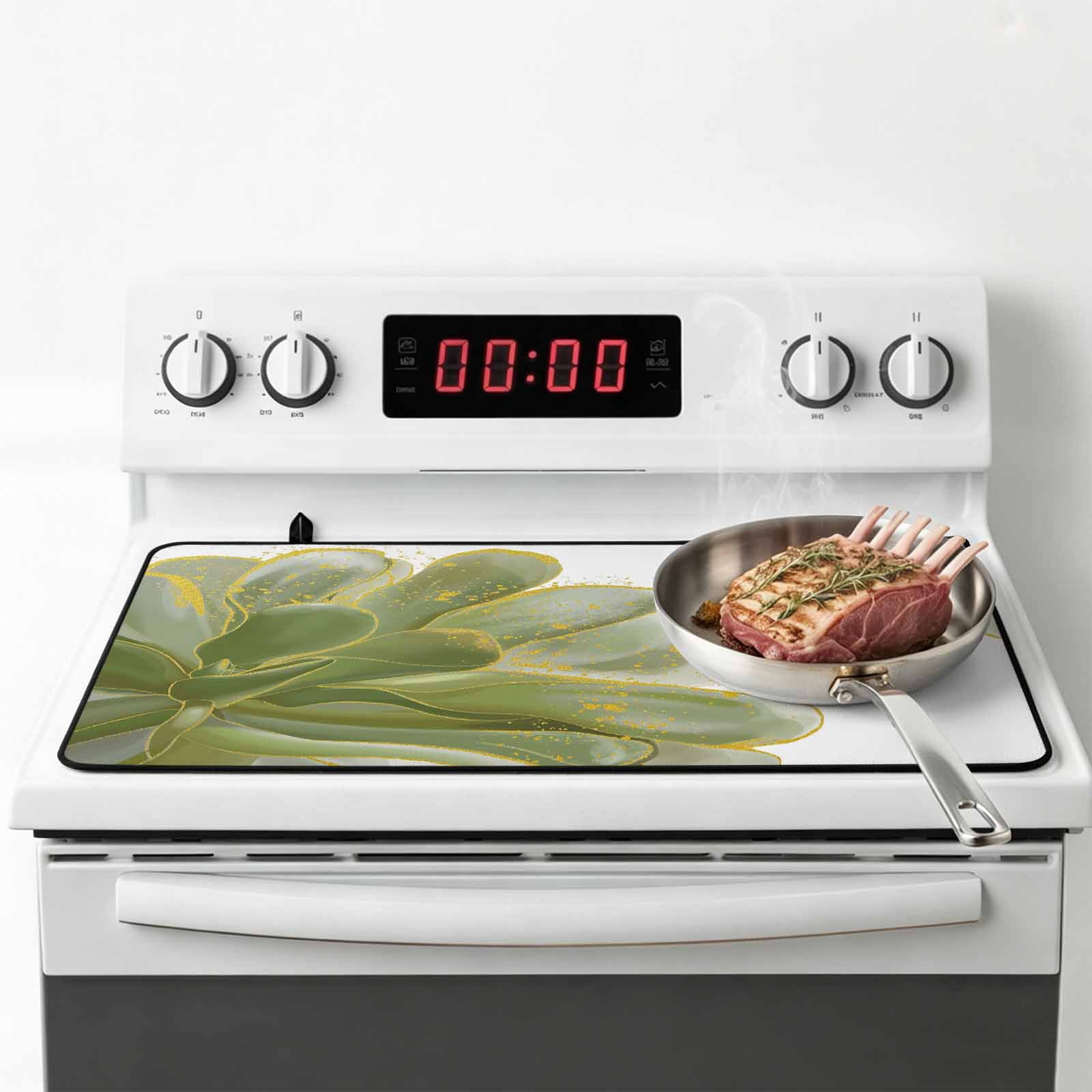 Sage Green Gold Stove Top Cover for Electric Stove, Heat-proof & Non Slip Glass Top Stove Cover Protector, Aesthetics Flower Boho Watercolor Art Kitchen Flat Cooktop Rubber Mat 31x24 Inches