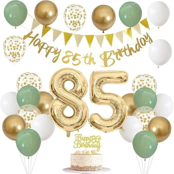 Sage Green Gold White 85th Birthday Party Decorations Latex Balloons Gold Happy 85th Banner 85 Cake Topper Foil Number 85 Balloons for Eighty Five Year Old Birthday 85th Anniversary Party Supplies