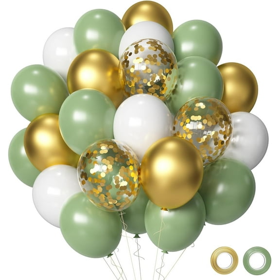 Sage Green Gold White Party Balloons, 50Pcs Sage Green and Gold Confetti Party Balloons For Birthday Baby Shower Engagement Wedding Anniversary Party Decorations