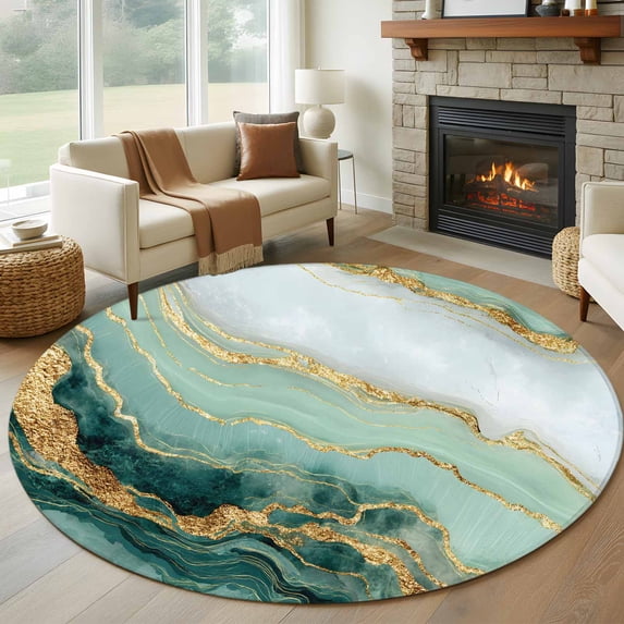 Sage Green Golden Marble Round Area Rug 5Ft Washable Circle Rugs for Living Room Bedroom, Modern Abstract Art Marble Crack Non-Slip Carpet Floor Mats Indoor Outdoor Carpet Runner Aesthetic Home Decor