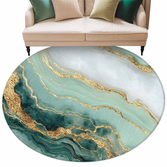 Sage Green Golden Marble Round Rug 7ft Washable Circle Rugs Non Slip Modern Abstract Art Marble Crack Large Area Rug Indoor Floor Carpet for Bedroom Kitchen Living Room Office Dining Room Nursery