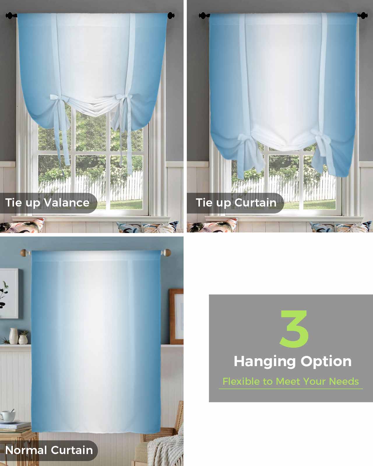 Sage Green Gradient Curtains for Living Room Bedroom Modern Tie Up